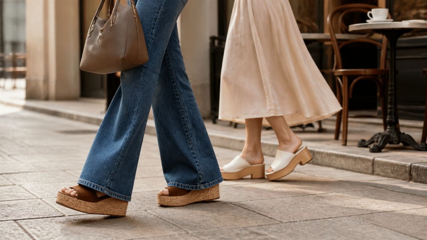 Mulheres caminham com sandálias plataforma combinadas com jeans flare e saia midi. Imagem ilustrativa gerada por IA para o