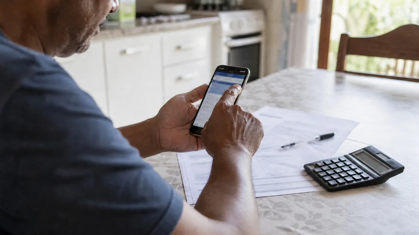 Trabalhador consulta informações financeiras pelo celular. Imagem ilustrativa.