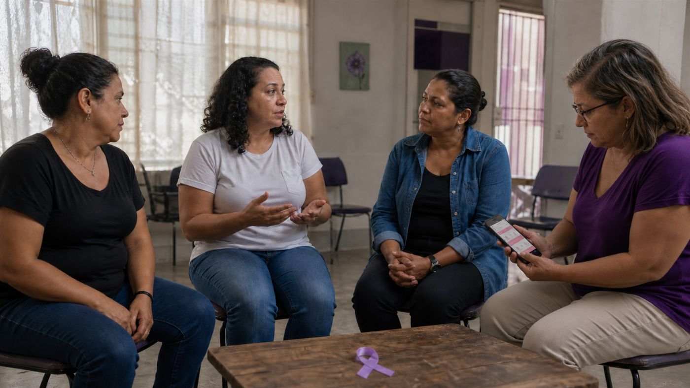 Mulheres conversam em uma roda de apoio com laço lilás sobre a mesa. Imagem ilustrativa gerada por IA para o ClickFato.