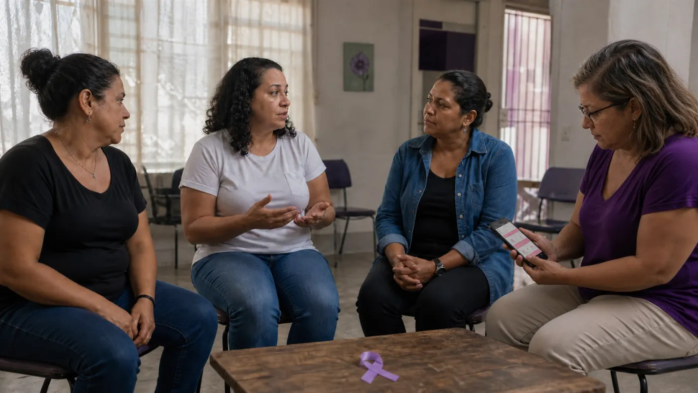 Mulheres conversam em uma roda de apoio com laço lilás sobre a mesa. Imagem ilustrativa gerada por IA para o ClickFato.
