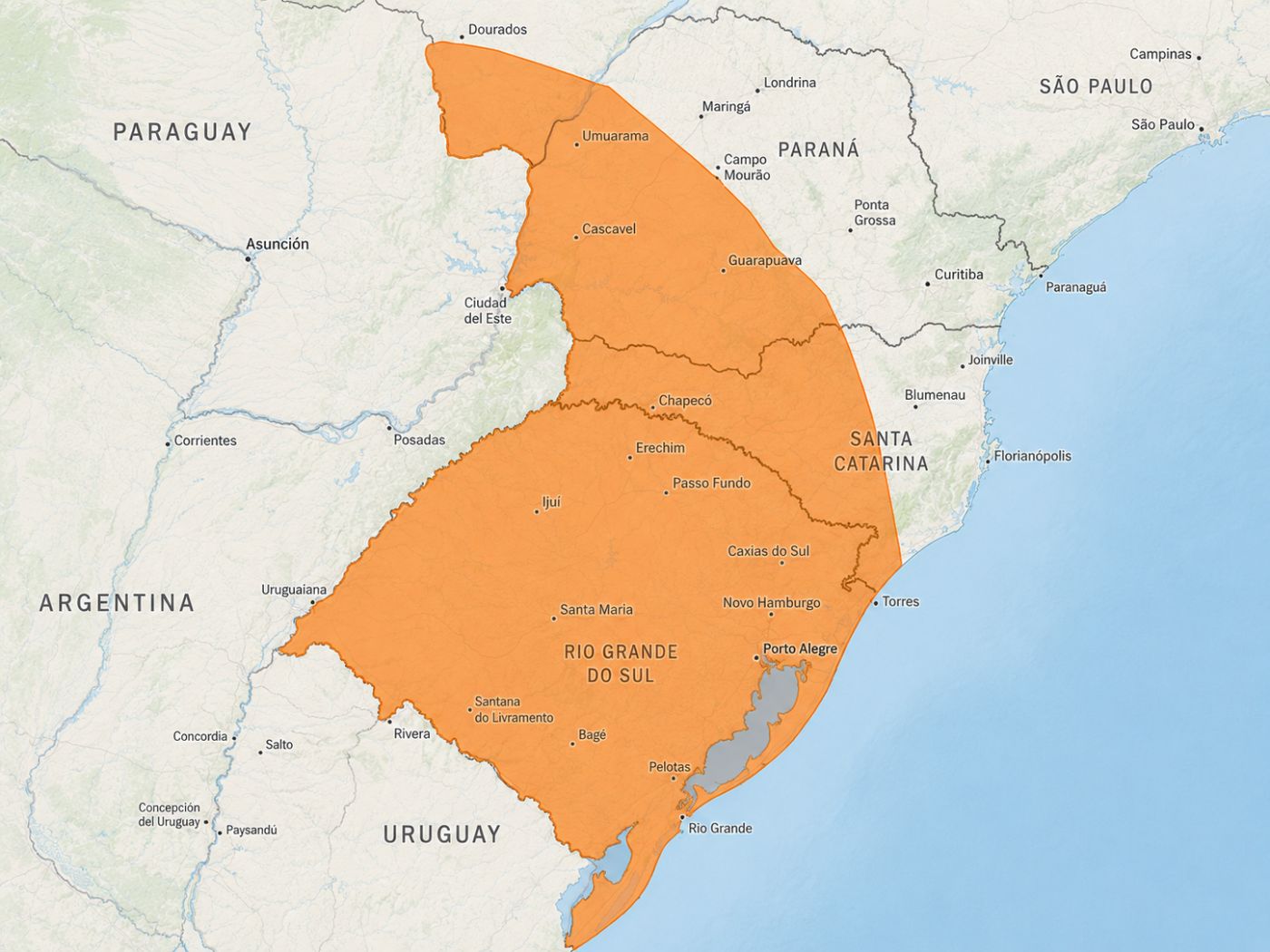 Aviso do INMET indica risco de tempestade com chuva forte, ventania e granizo em áreas do Sul do Brasil.