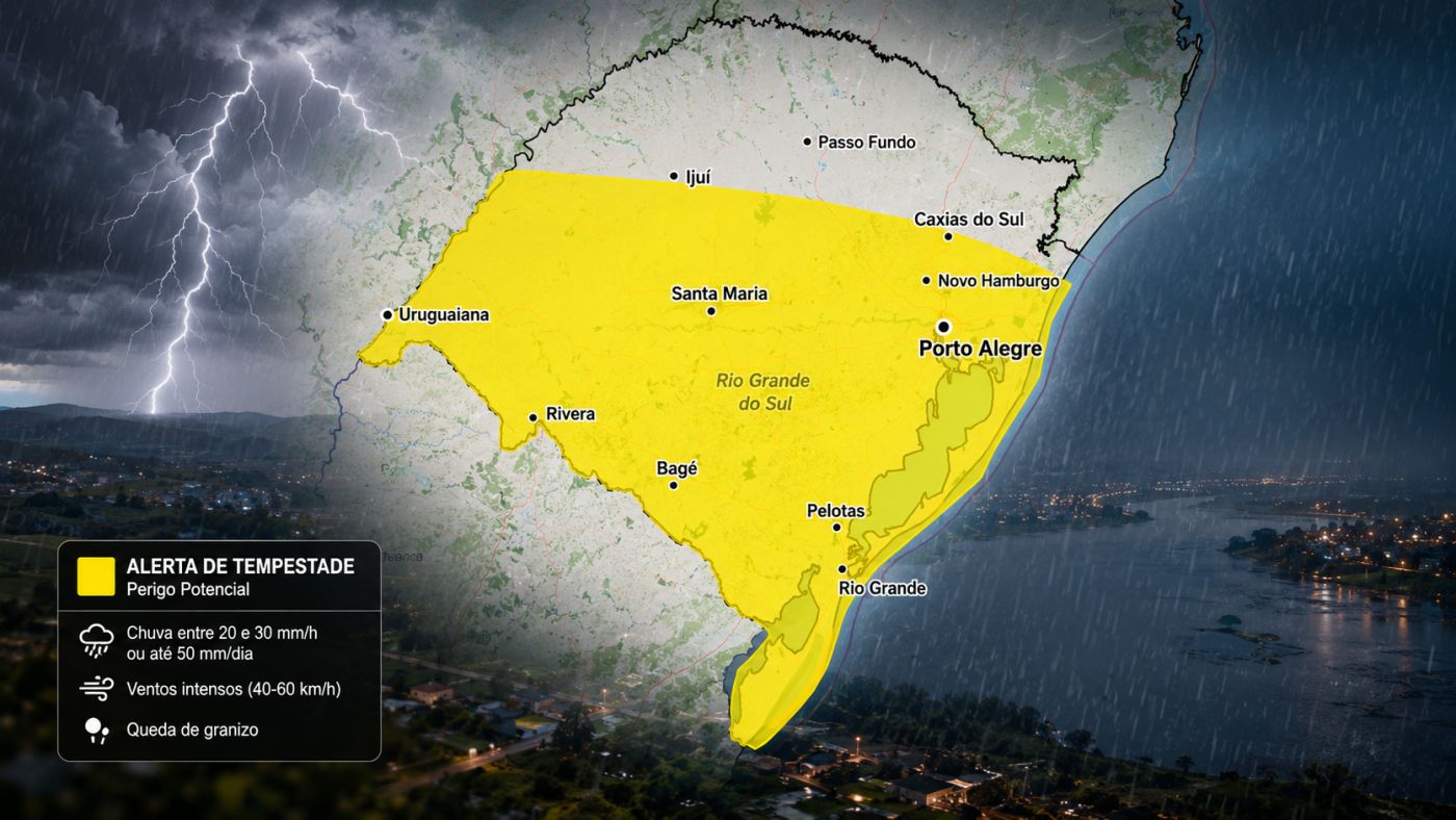 INMET prevê chuva forte, rajadas de até 60 km/h e possibilidade de granizo em uma extensa área do Rio Grande do Sul nesta