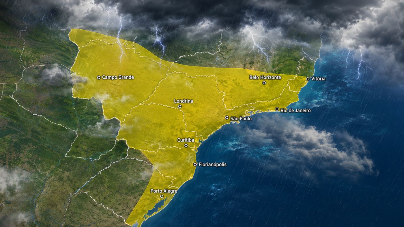 Alerta do INMET cobre uma extensa faixa de nove estados nesta terça-feira (1º), com possibilidade de chuva forte, ventos de