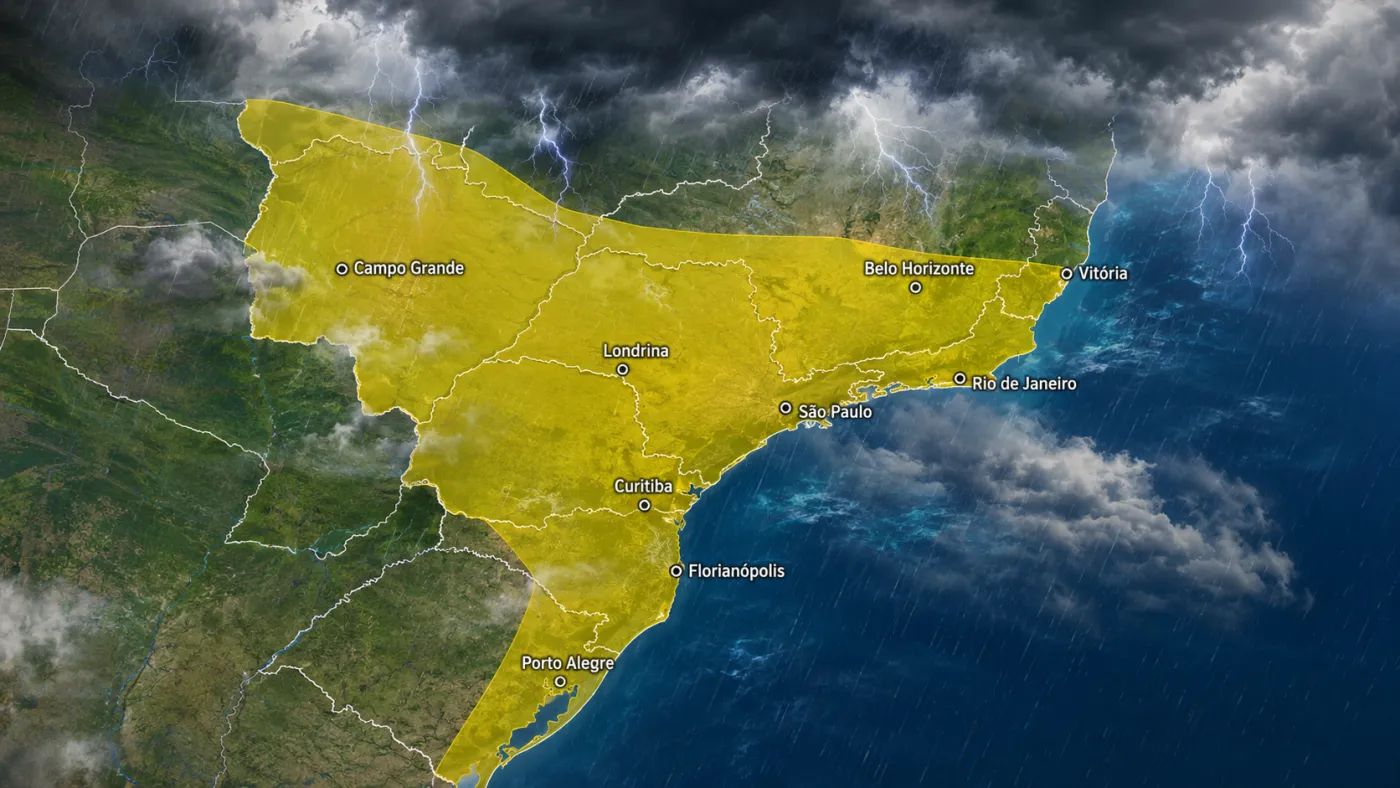 Alerta do INMET cobre uma extensa faixa de nove estados nesta terça-feira (1º), com possibilidade de chuva forte, ventos de até 60 km/h e queda de granizo.