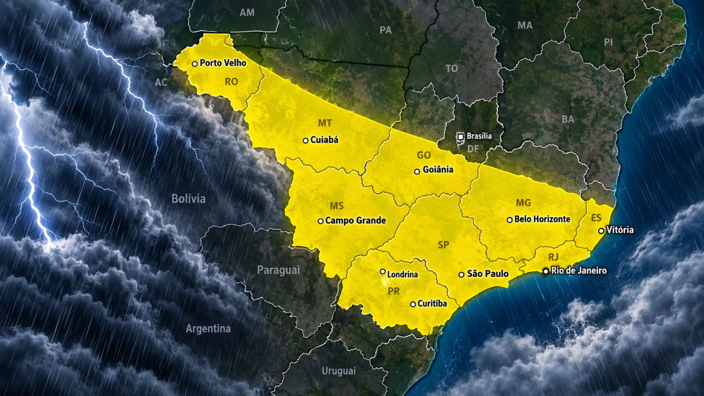 Alerta amarelo do INMET prevê chuva, ventos fortes e possibilidade de granizo em uma extensa faixa de nove estados neste