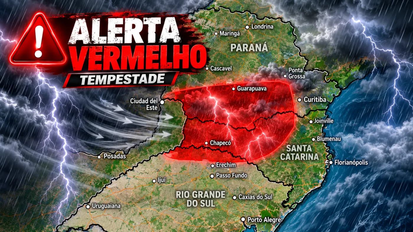 Alerta vermelho do INMET indica grande perigo de tempestades neste sábado (24), com chuva acima de 100 mm, ventos superiores a 100 km/h e risco de granizo em áreas do Paraná, Santa Catarina e Rio Grande do Sul. Imagem: Ilustração/ClickFato.