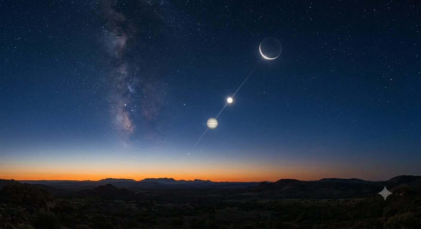 epresentação astronômica mostra o alinhamento linear dos planetas Mercúrio, Júpiter e Vênus com a Lua crescente no horizonte oeste durante o anoitecer.