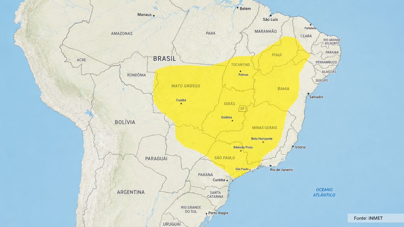 Mapa do INMET mostra áreas de 12 estados e do Distrito Federal sob alerta de baixa umidade.