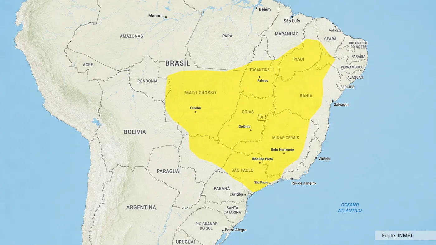 Mapa do INMET mostra áreas de 12 estados e do Distrito Federal sob alerta de baixa umidade.