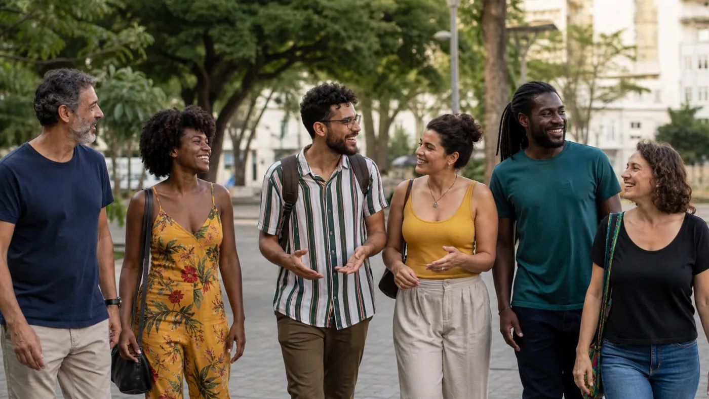 Grupo diverso de adultos brasileiros conversa enquanto caminha em praça urbana. Imagem ilustrativa gerada por IA para o ClickFato.