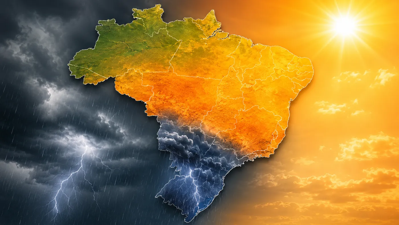Brasil terá contraste no tempo, com temporais atingindo o Sul enquanto calor e baixa umidade predominam em grande parte do interior.