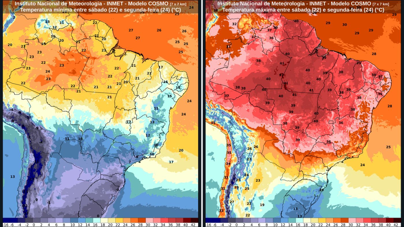 Mapas oficiais do INMET mostram o contraste entre temperaturas mínimas e máximas previstas de sábado (22) a segunda-feira