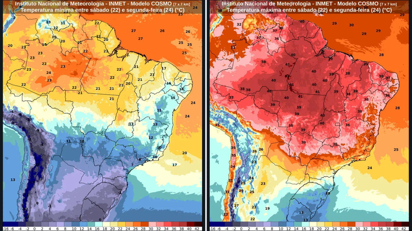 Mapas oficiais do INMET mostram o contraste entre temperaturas mínimas e máximas previstas de sábado (22) a segunda-feira (24). Fonte: INMET; composição em 16:9: ClickFato.