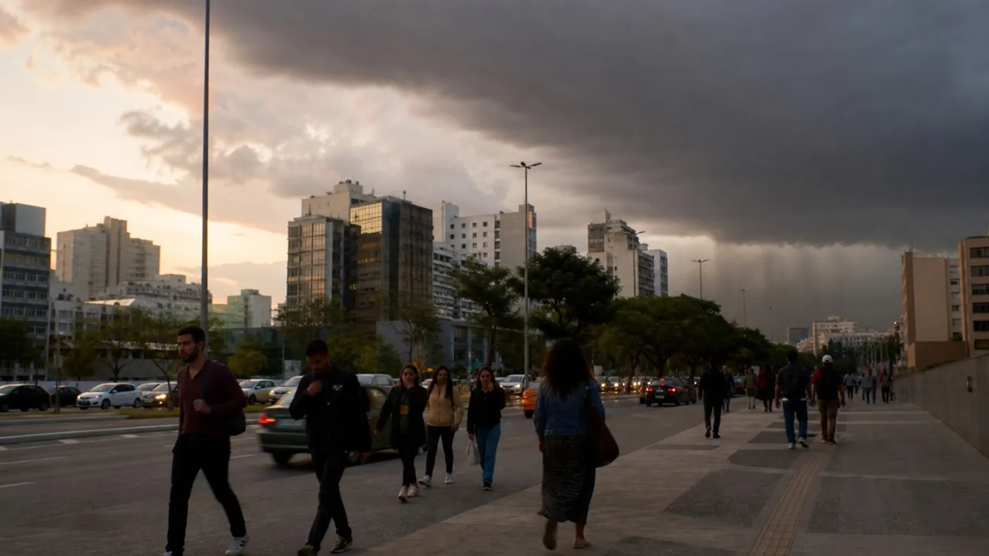 Pedestres caminham por avenida enquanto nuvens de frente fria avançam sobre a cidade. Imagem ilustrativa gerada por IA para o ClickFato.