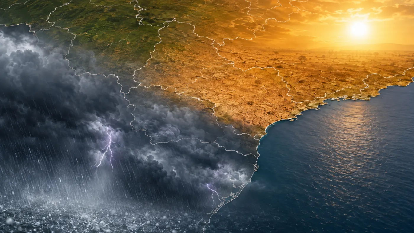 Fim de agosto tem forte contraste no clima: São Paulo enfrenta calor intenso e baixa umidade enquanto o Sul permanece sob risco de tempestades e granizo.