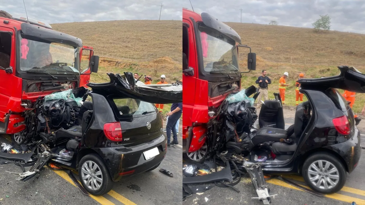 Volkswagen Fox ficou destruído após a colisão frontal com um caminhão na BR-116, em Tarumirim (MG). Foto: divulgação/CBMMG.