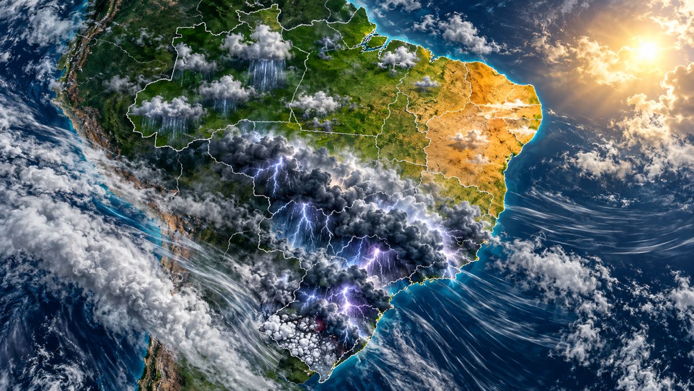 Chuva e temporais atingem várias regiões do Brasil entre terça (6) e quarta-feira (7). Imagem ilustrativa: ClickFato/IA.