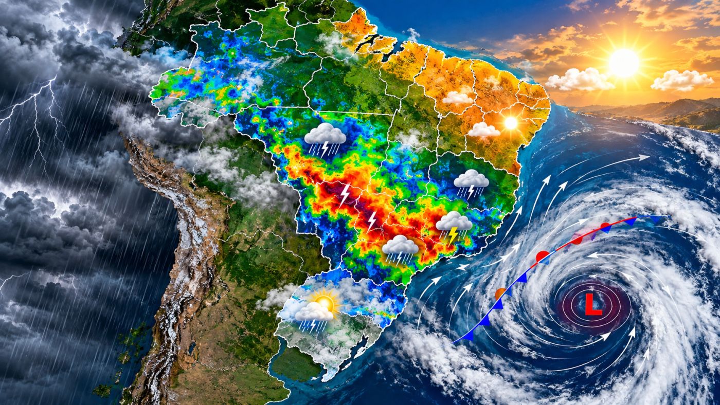 Chuva ganha força no Centro-Oeste e Sudeste nesta quinta-feira (15), enquanto uma área de baixa pressão no Atlântico pode