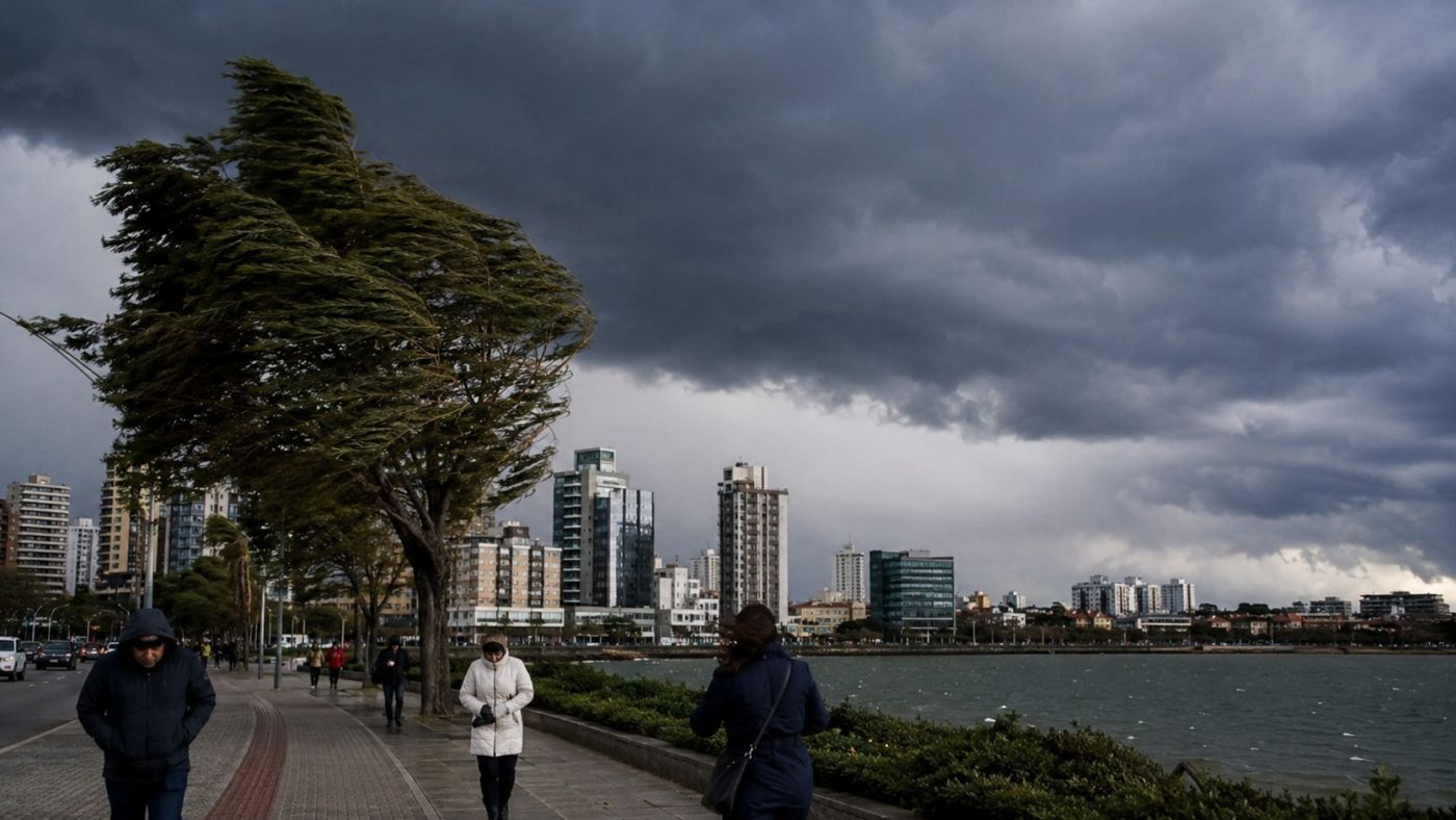 Frente fria associada a ciclone provoca ventos fortes e queda das temperaturas no Centro-Sul do país.
