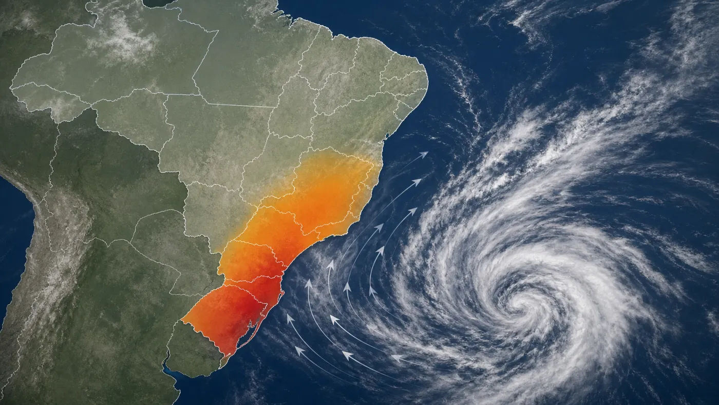 Mapa ilustrativo destaca uma faixa ampla de influência de ventos no Sul e em parte do Sudeste, com o sistema atmosférico sobre o oceano; a imagem gerada por IA não representa um alerta ou uma previsão oficial. Foto: IA/ClickFato