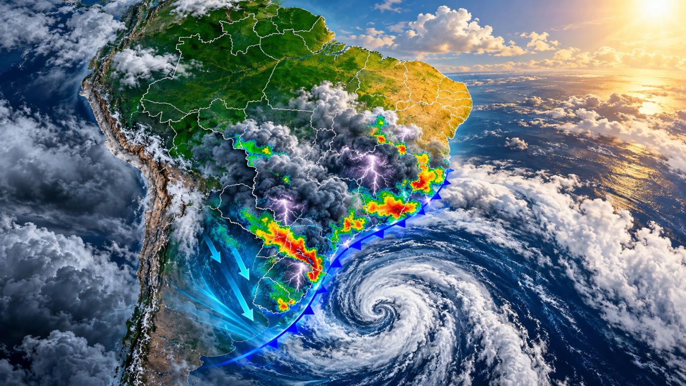 Ciclone extratropical e frente fria provocam tempestades no Sul e Sudeste neste sábado (24), com risco de chuva intensa,
