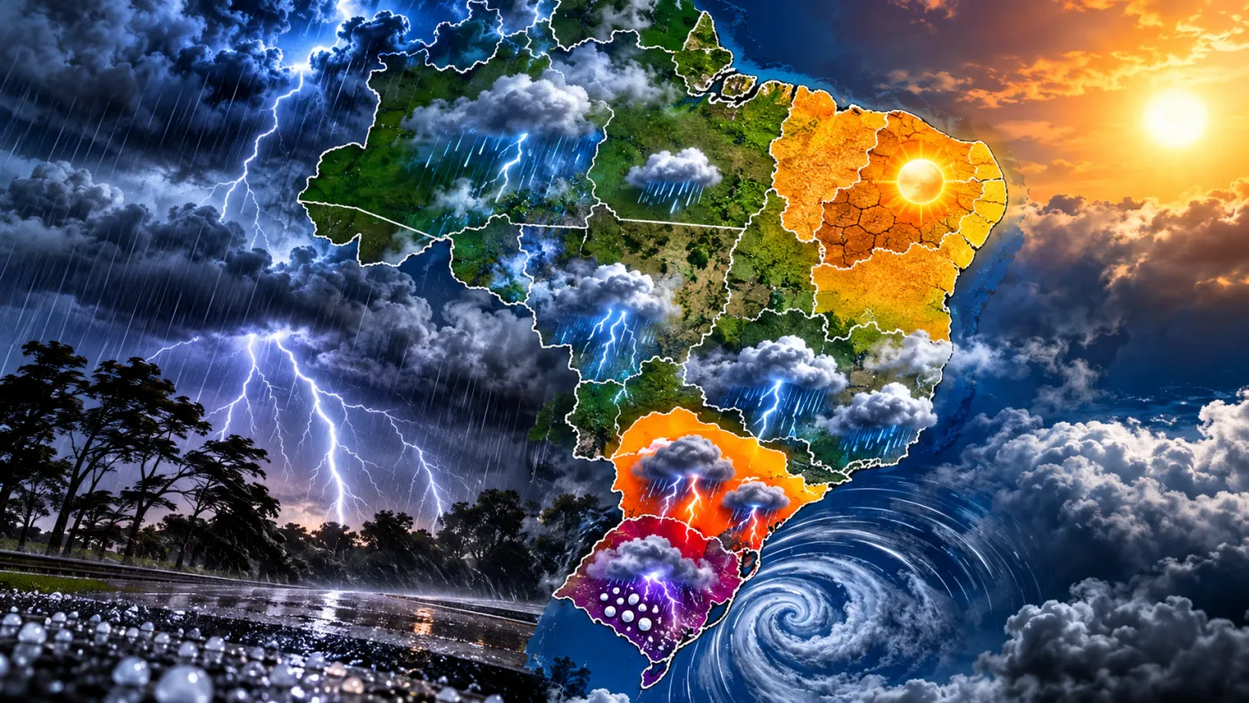 Instabilidades aumentam no Sul com previsão de chuva intensa, temporais, granizo e formação de ciclone extratropical. Imagem ilustrativa: ClickFato/IA.