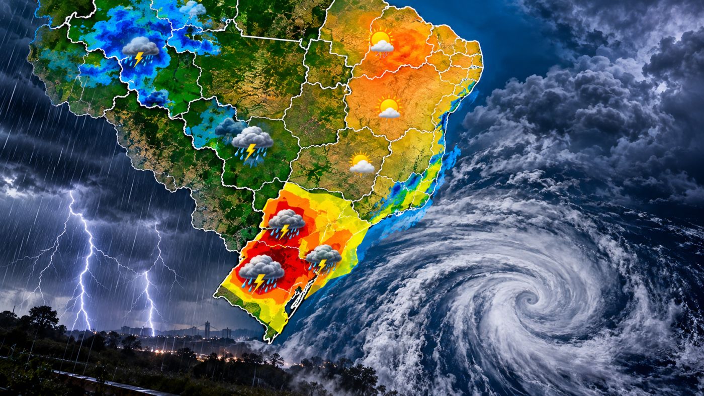 Ciclone extratropical e frente fria provocam tempestades no Sul neste sábado (10), enquanto outras regiões enfrentam chuva