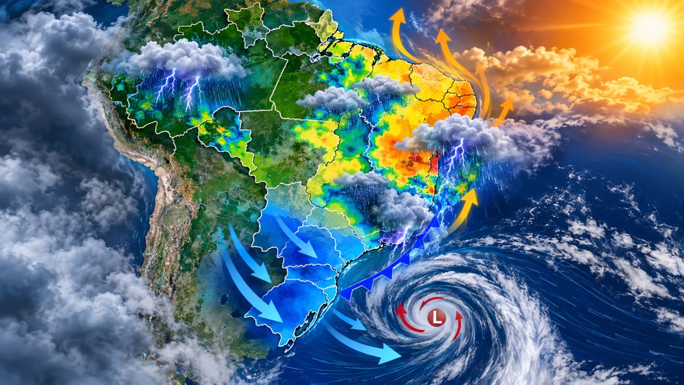 Ciclone extratropical mantém ventos fortes no Sul e favorece a entrada de ar frio, enquanto áreas de chuva avançam pelo