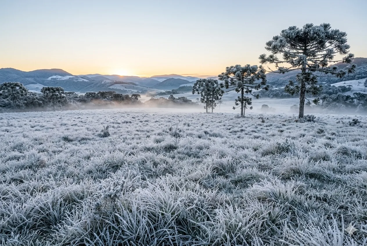 Geada na Serra: Paisagem amanhece coberta por camada de gelo em Santa Catarina após madrugada com temperaturas recordes abaixo de zero.