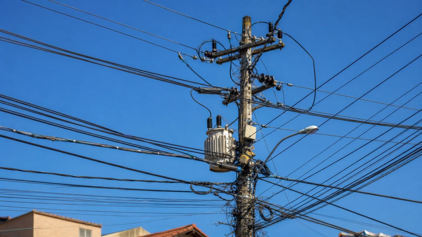 Poste de energia com transformador e cabos sob céu azul. Imagem ilustrativa gerada por IA para o ClickFato.