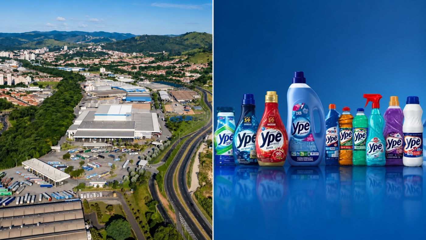 Vista da fábrica da Ypê e alguns dos produtos da marca, que atua no segmento de limpeza e higiene no Brasil — Foto: