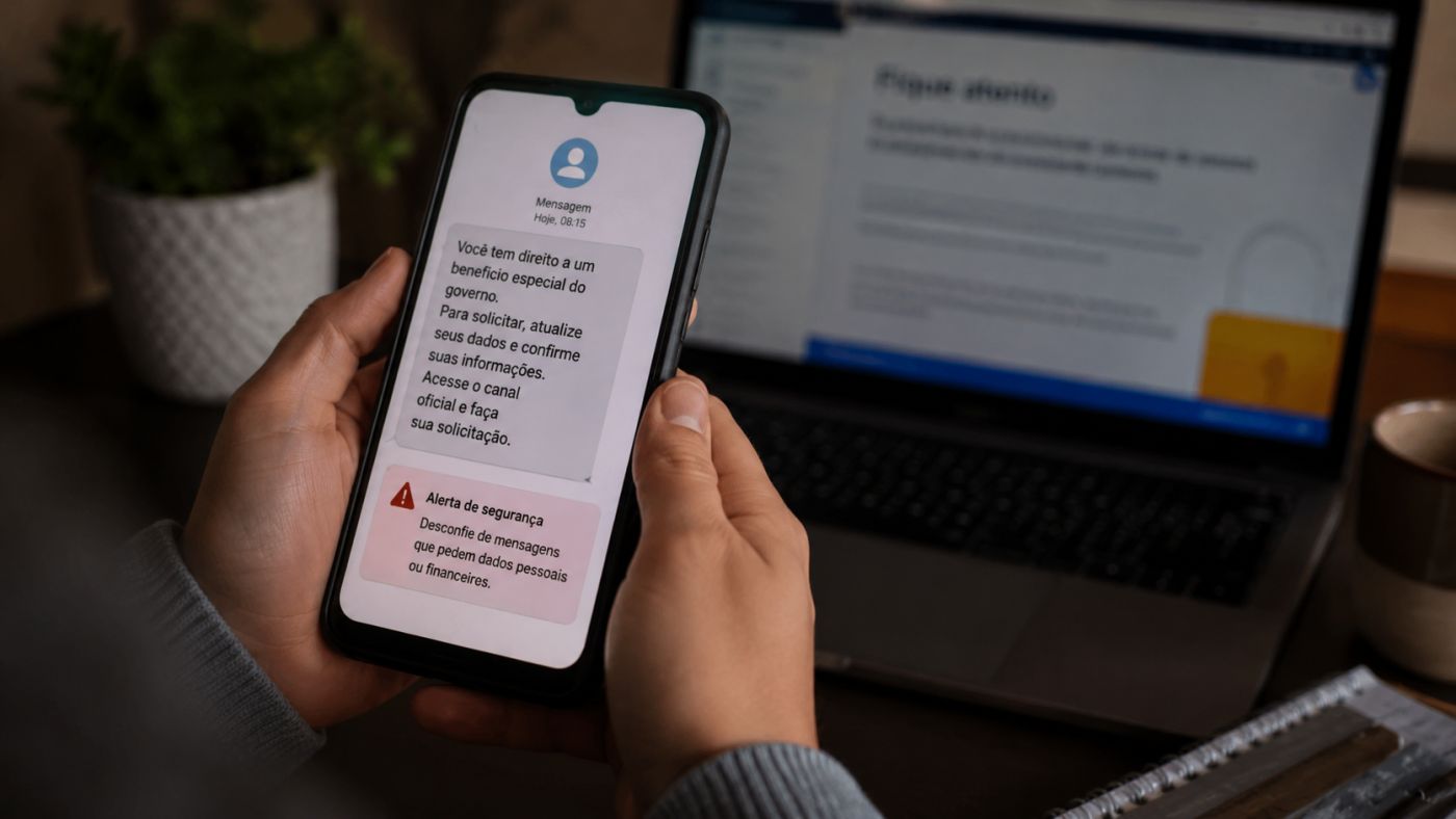 Criminosos usam mensagens sobre falso benefício para tentar capturar dados pessoais e bancários.