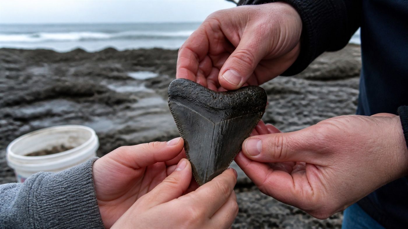 Mãos seguram grande dente fossilizado encontrado em praia. Imagem ilustrativa gerada por IA para o ClickFato.