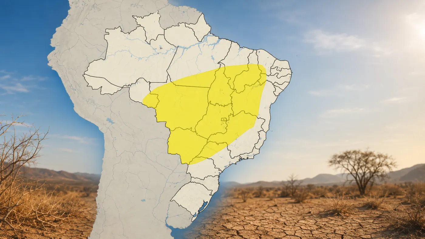 INMET alerta para umidade relativa do ar entre 20% e 30% neste sábado (29) em uma extensa faixa do Brasil, durante o período mais seco do dia.