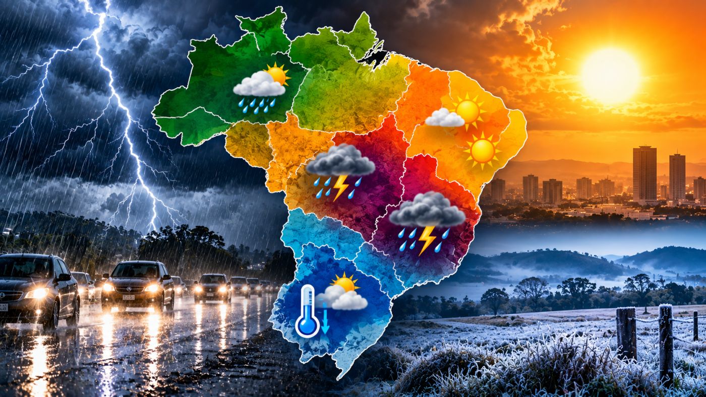 Frente fria provoca chuva e tempestades em parte do Brasil nesta quinta-feira (1º), enquanto o Sul terá queda nas