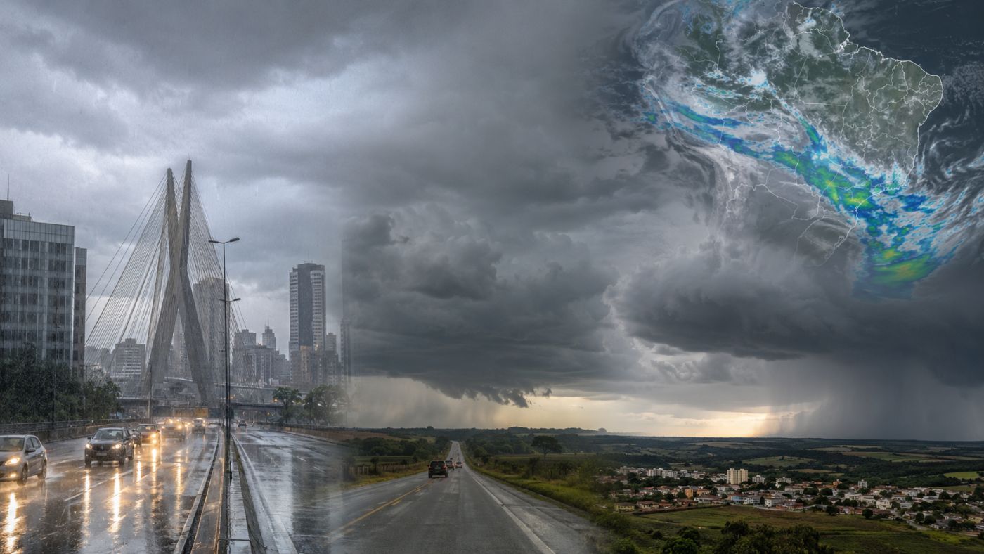Frente fria espalha chuva pelo Centro-Sul do país e mantém o risco de temporais em diferentes estados.