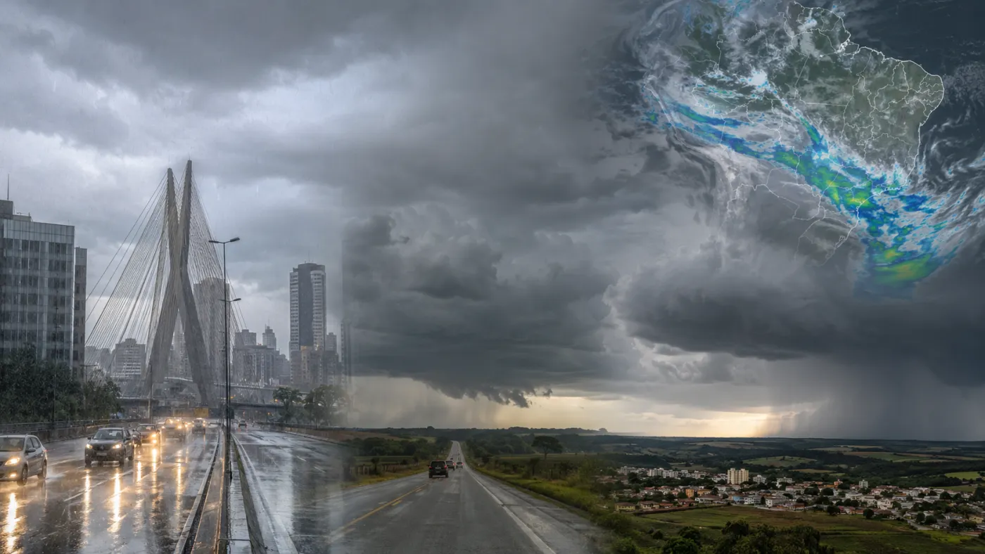 Frente fria espalha chuva pelo Centro-Sul do país e mantém o risco de temporais em diferentes estados.