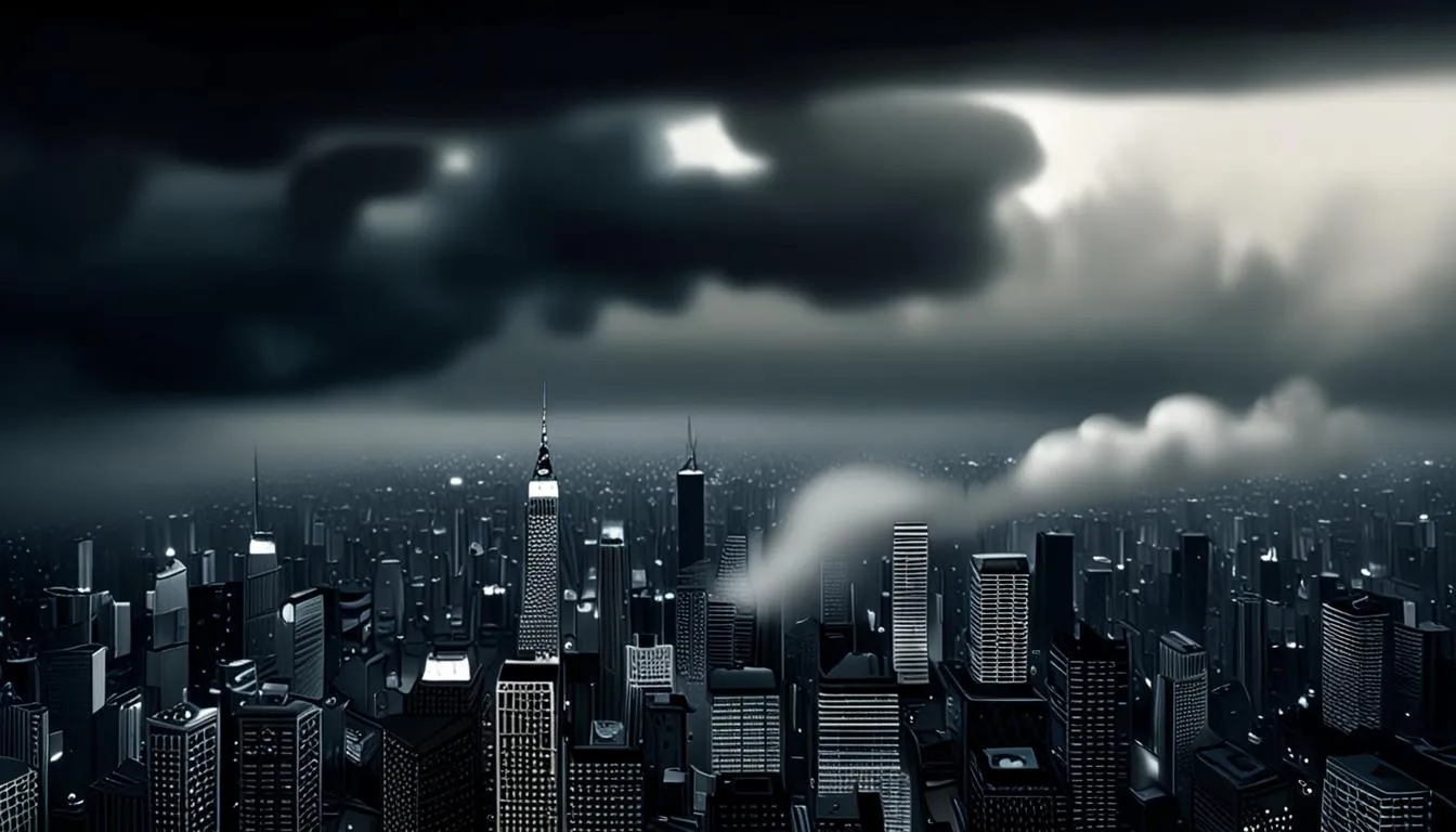 Ilustração de uma frente fria sobre a cidade de São Paulo, com nuvens escuras e chuva, Imagem gerada por IA.