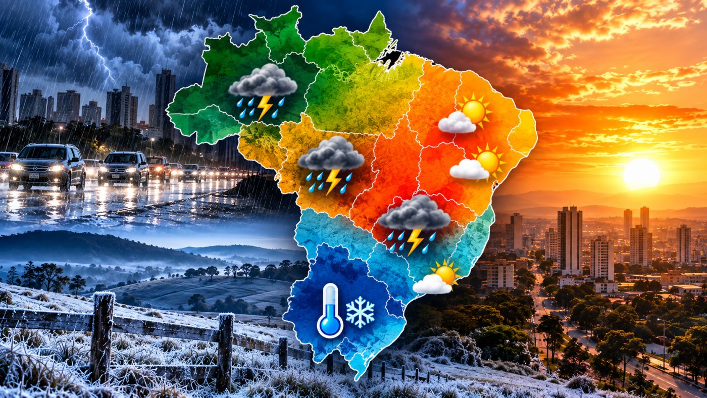 Chuva e tempestades atingem várias regiões nesta sexta-feira (2), enquanto o frio ganha força no Sul e Sudeste. Imagem: