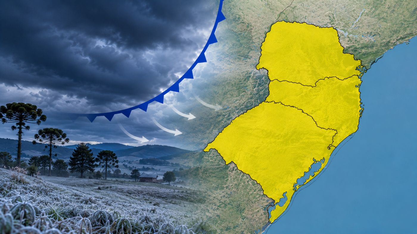 Inmet alerta para forte queda das temperaturas no Sul no sábado (22) e possibilidade de geada na madrugada de domingo (23).