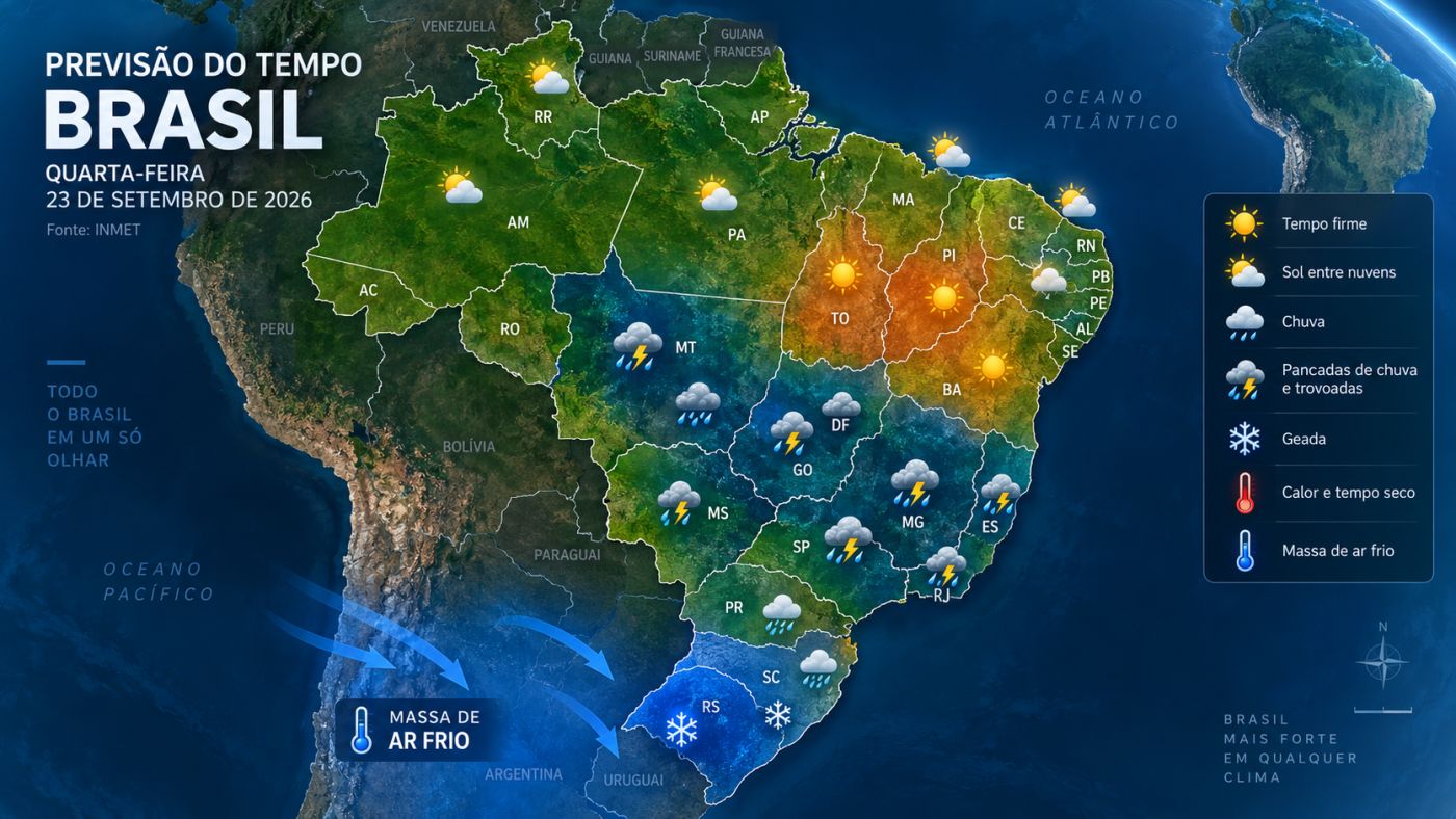 Frente fria mantém áreas de chuva no Sudeste e Centro-Oeste nesta quarta-feira (23), enquanto uma massa de ar frio favorece