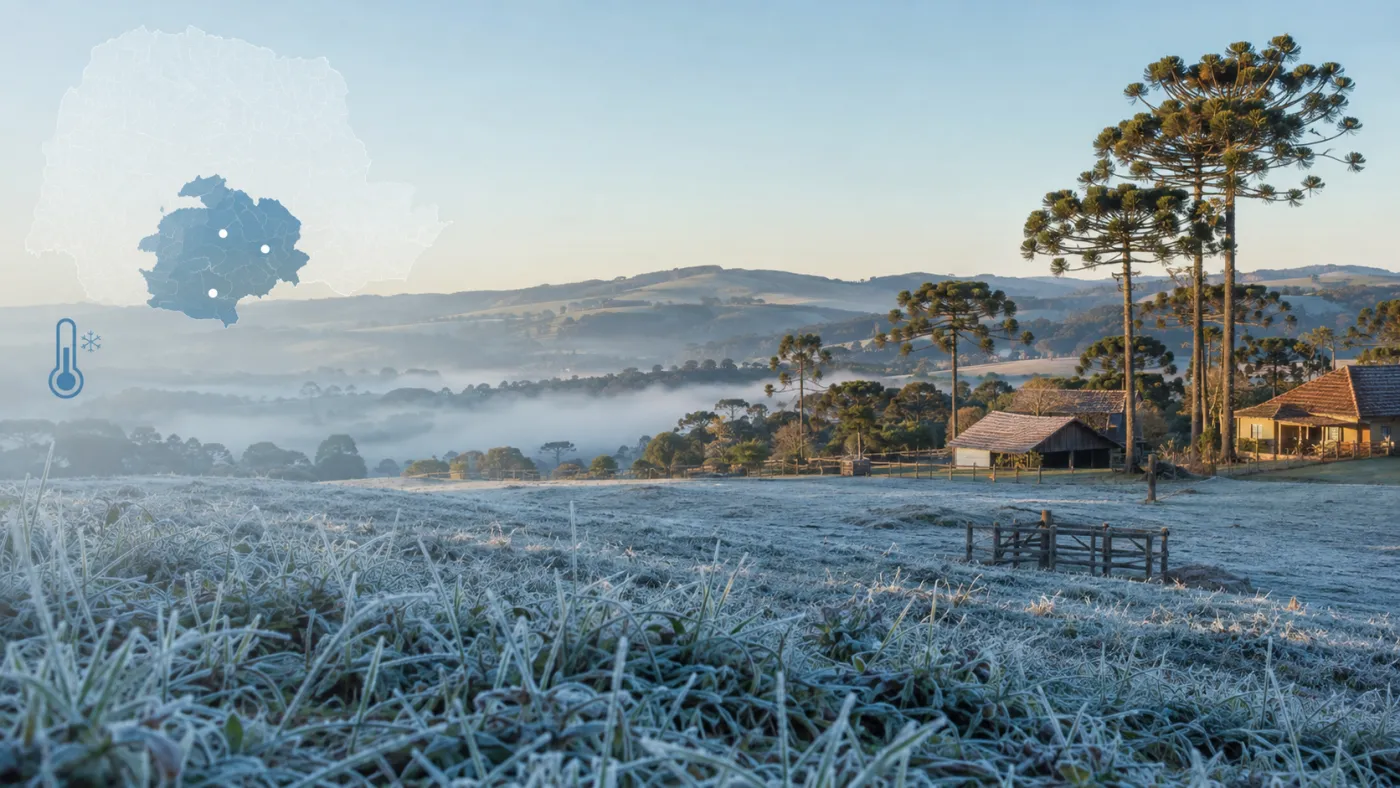 Após dias de calor acima da média, massa de ar frio derruba as temperaturas e aumenta o risco de geada em áreas do Sul e Centro-Sul do Paraná.