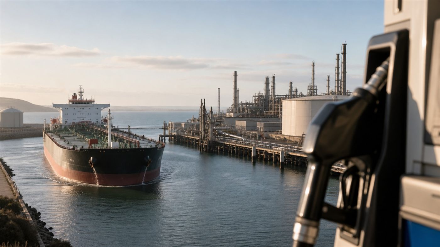 Navio-tanque chega a terminal de refino com bomba de combustível em primeiro plano. Imagem ilustrativa gerada por IA para o