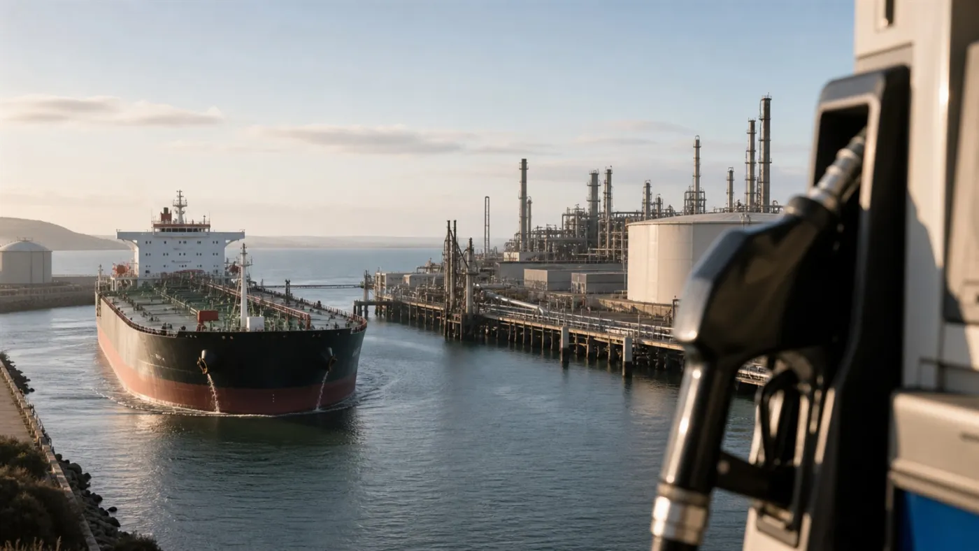 Navio-tanque chega a terminal de refino com bomba de combustível em primeiro plano. Imagem ilustrativa gerada por IA para o ClickFato.