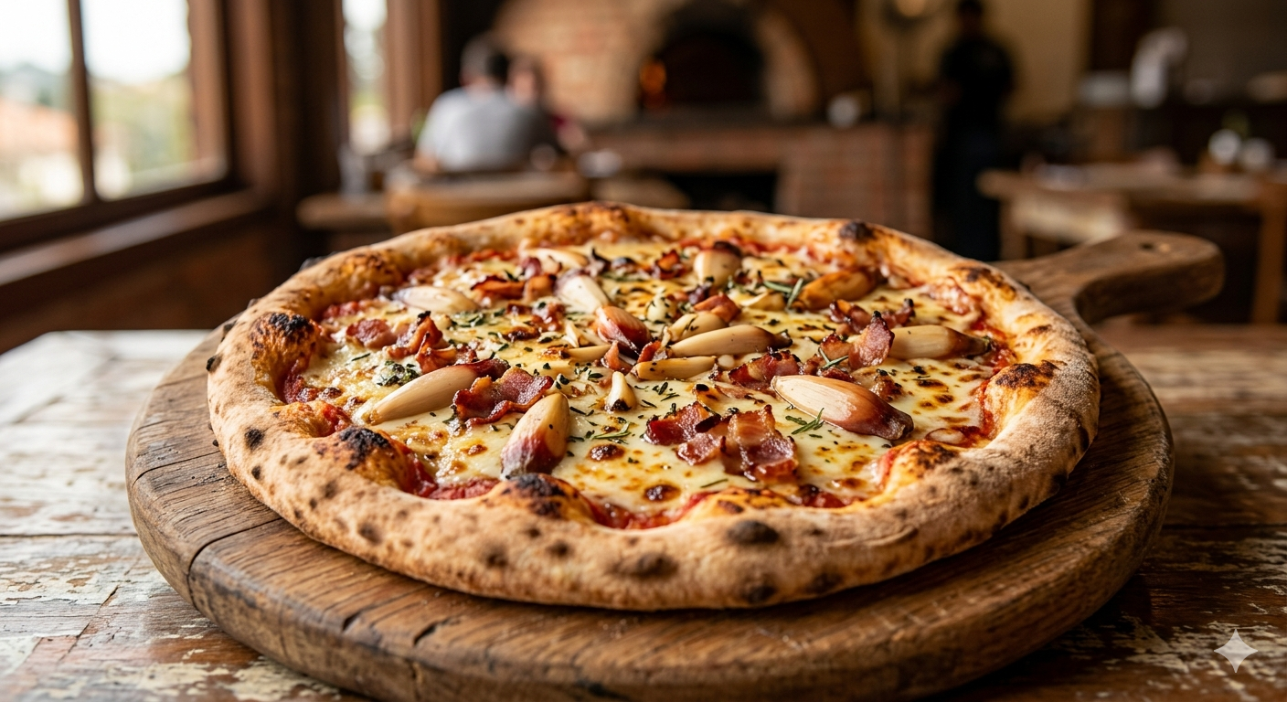 Pizza gourmet artesanal assada em forno a lenha, destacando fatias de pinhão cozido, queijo serrano derretido e carnes nobres sobre massa de fermentação natural. (Foto: ClickFato/IA)