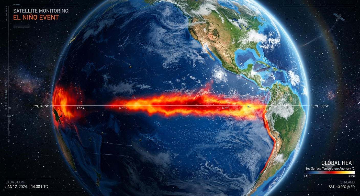 Monitoramento global por satélite exibe manchas avermelhadas no Oceano Pacífico Equatorial, indicando a elevação da temperatura da água e a consolidação do fenômeno El Niño. (Foto: ClickFato/IA)