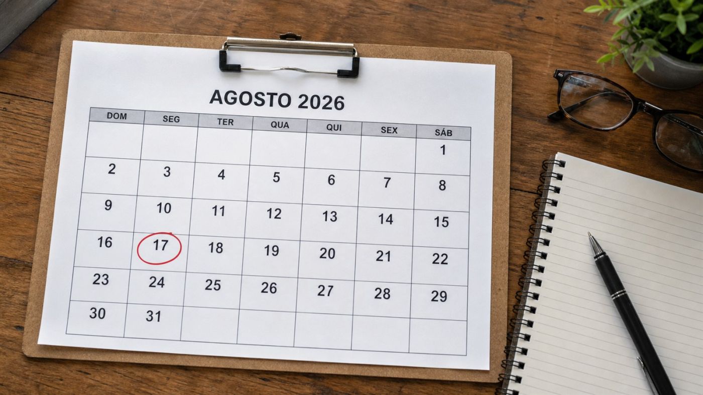 Calendário de agosto de 2026 com o dia 17 circulado em vermelho. Imagem ilustrativa gerada por IA para o ClickFato.