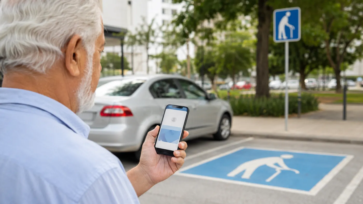 Pessoa idosa consulta pelo celular a emissão digital da credencial que garante o uso de vagas preferenciais de estacionamento.