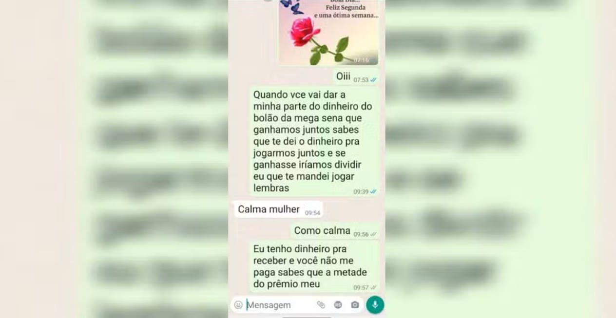 Conversa de aplicativo de mensagens usada como prova de processo de divisão de prêmio da Mega-Sena em Blumenau, SC — Foto: