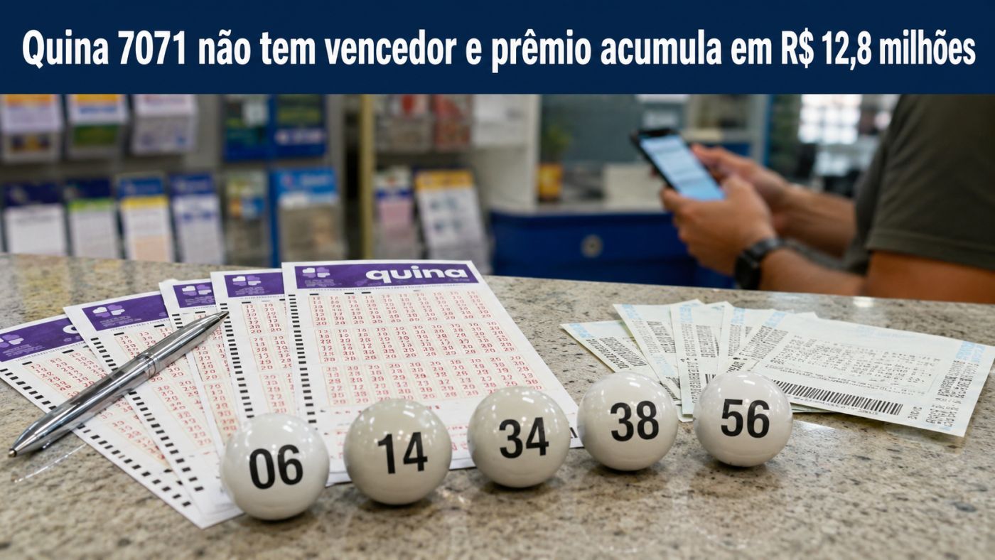 Concurso 7071 da Quina não teve acertadores das cinco dezenas e prêmio acumulou em R$ 12,8 milhões.
